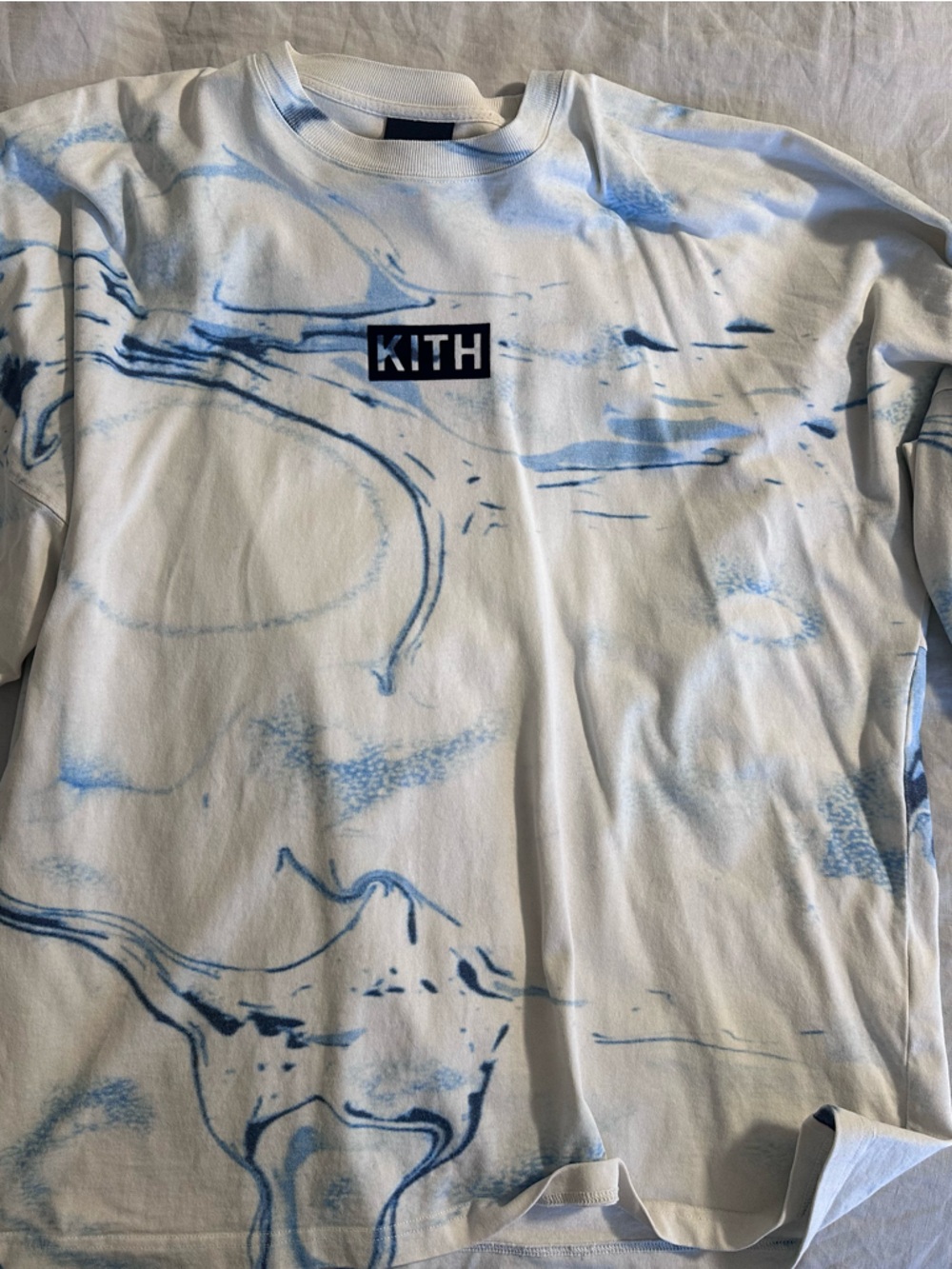 Kith White Long-Sleeve Tee with Light Blue Marble Print